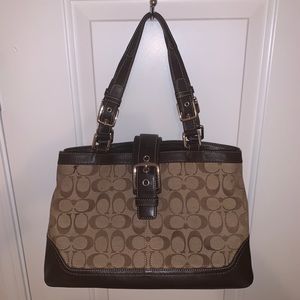 Brown Coach Print Buckle Shoulder Bag